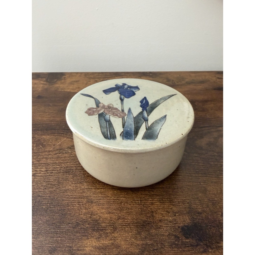 Otagiri Japan Stoneware Lidded Trinket Box Iris Floral Speckled Glaze VTG